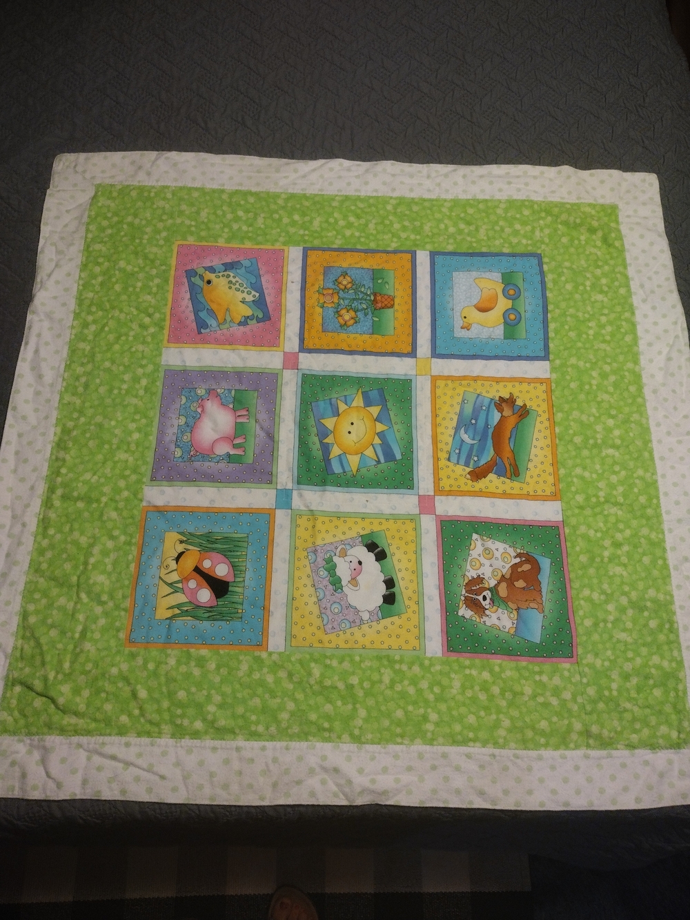 Handmade Cute Baby Animal Patchwork Quilt - Green, Yellow, Blue